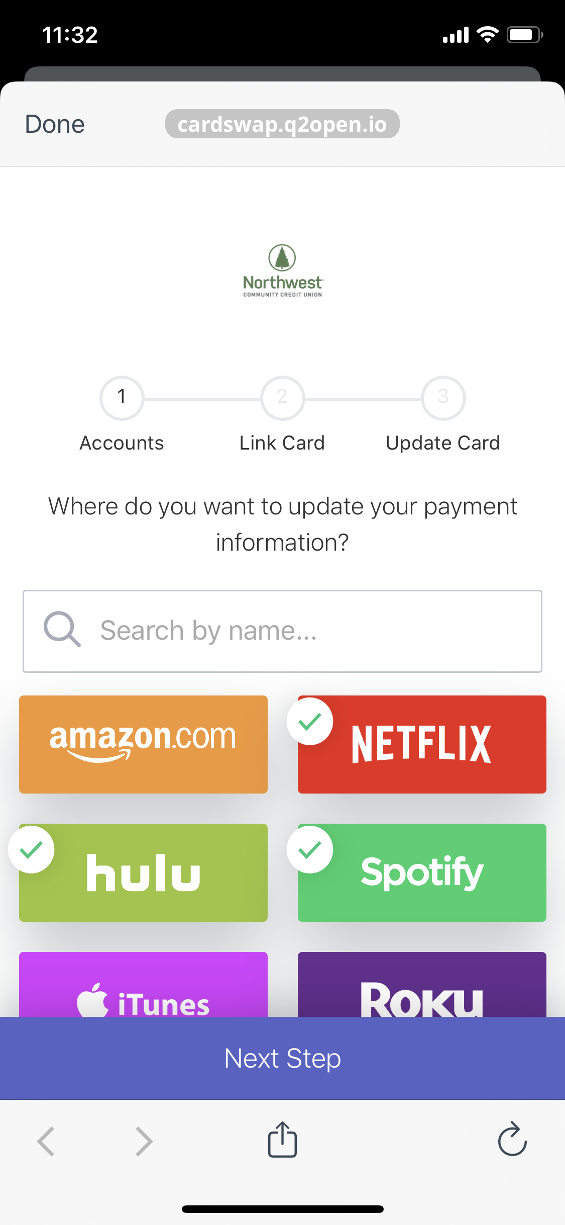 Selecting services in My Card Swap